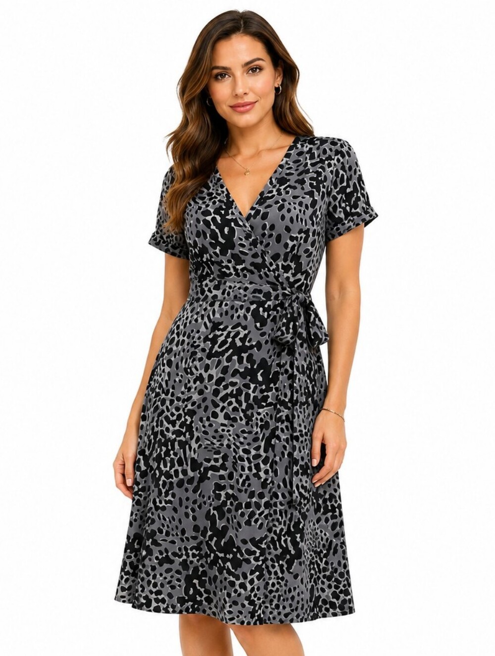 Banana‎ Republic Silk Blend Wrap Dress Gray Black Animal Print Size 2